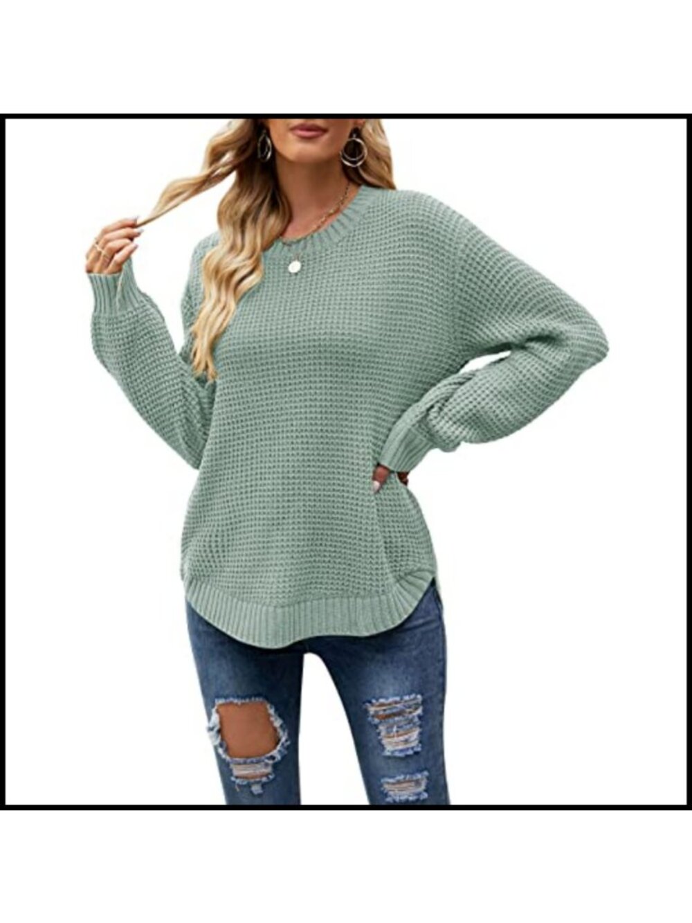 Waffle Knit Oversized Sweater Long Lantern Sleeve Crew Neck Pullover